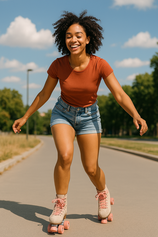 Image of woman roller skating on a concrete path outside