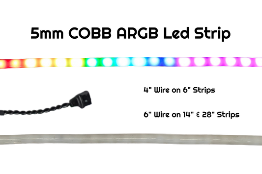 5mm COBB ARGB LED strip glowing rainbow colors, with wire lengths noted for 6, 14 and 28 inch strips