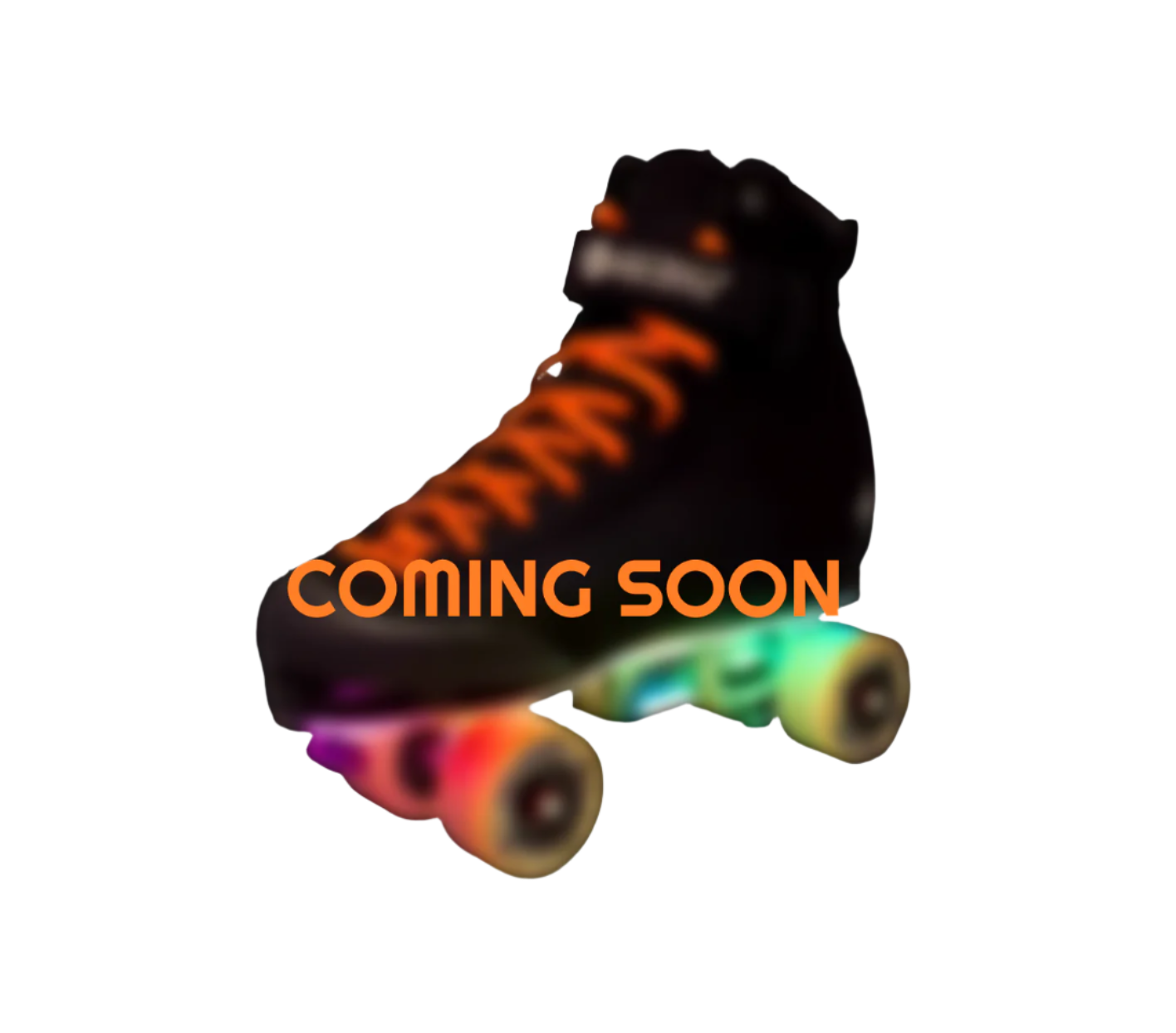 Black roller skate with colorful wheels and 'COMING SOON' text on a white background