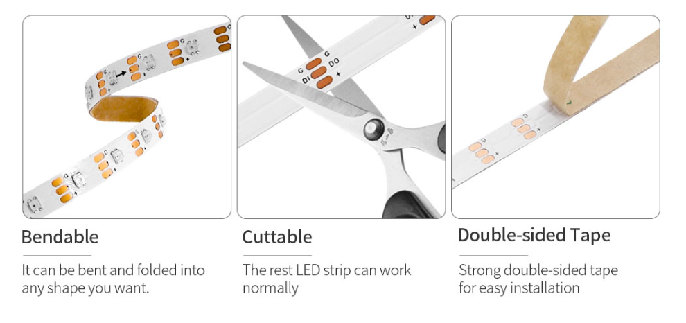 Three-panel product feature graphic for an LED strip light. Left panel shows the strip being bent into a curve with text reading 'Bendable.