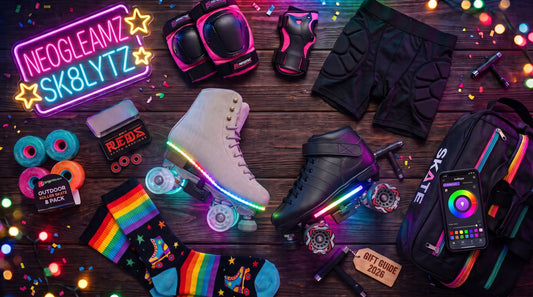 Roller skate gift ideas laid flat: LED-lit skates, pads, wheels, rainbow socks, a skate bag and a phone with a color app