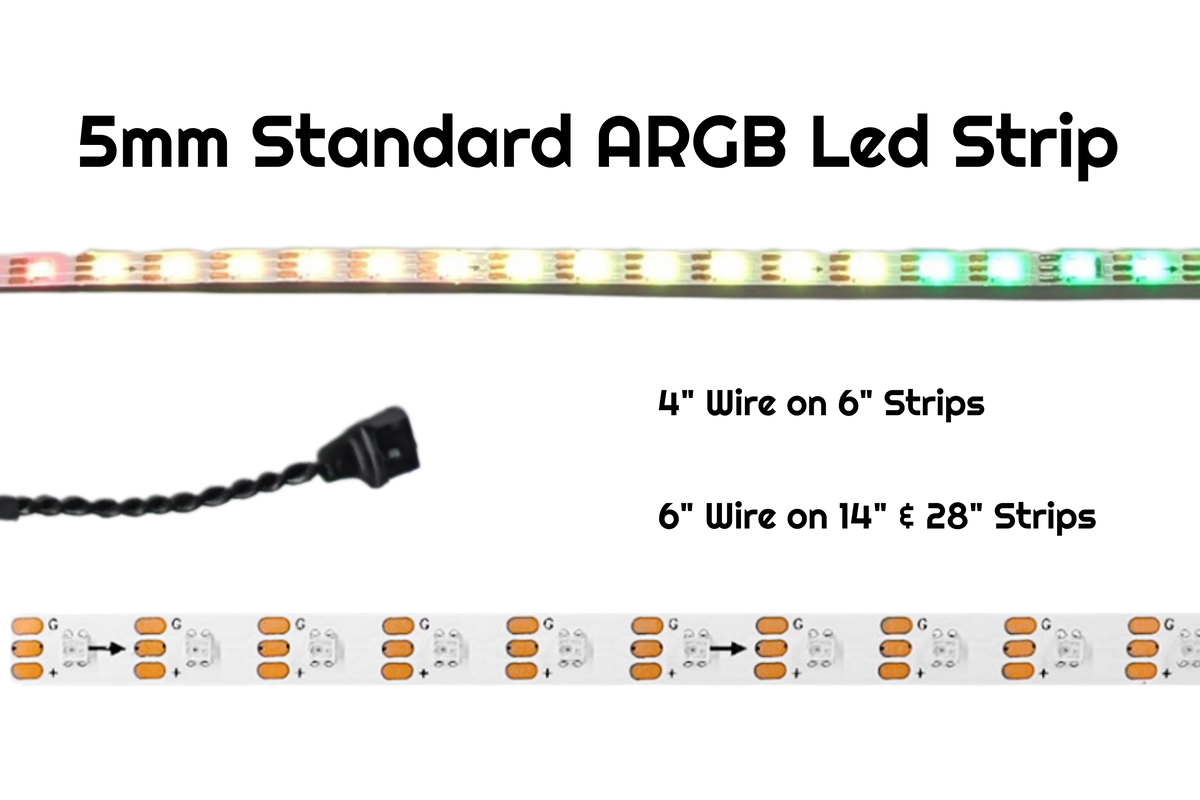 5mm Standard ARGB LED strip with 4 inch wire on 6 inch strips and 6 inch wire on 14 and 28 inch strips, back pads shown