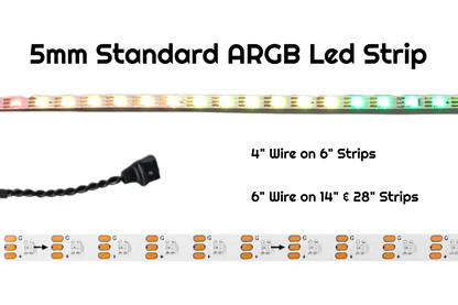 5mm Standard ARGB LED strip with 4 inch wire on 6 inch strips and 6 inch wire on 14 and 28 inch strips, back pads shown