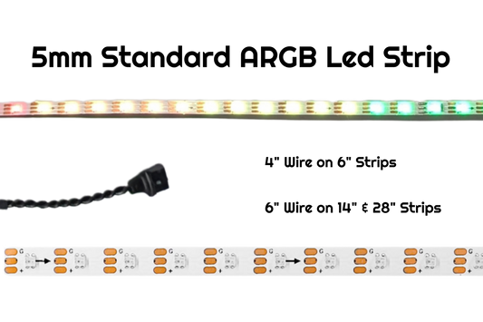 5mm Standard ARGB LED strip with 4 inch wire on 6 inch strips and 6 inch wire on 14 and 28 inch strips, back pads shown
