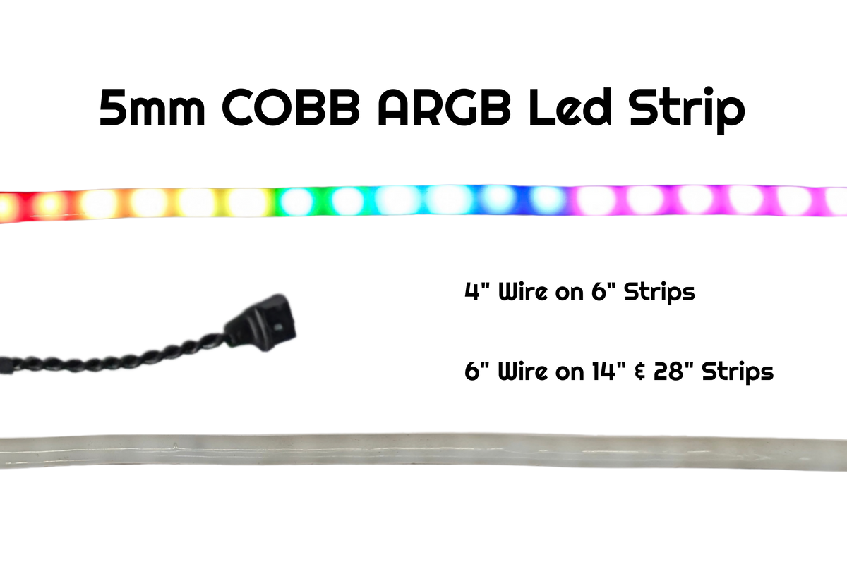 5mm COBB ARGB LED strip glowing rainbow colors, with wire lengths noted for 6, 14 and 28 inch strips