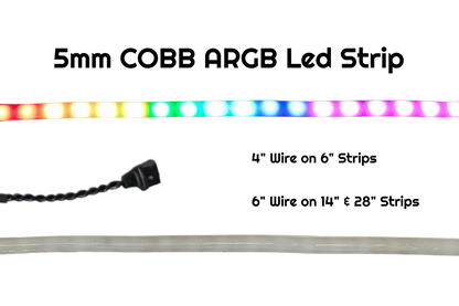 5mm COBB ARGB LED strip glowing rainbow colors, with wire lengths noted for 6, 14 and 28 inch strips