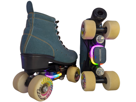 Pair of SK8Lytz HALOZ heel-mounted LED units, dark gray with orange lettering, white light ring and USB-C port