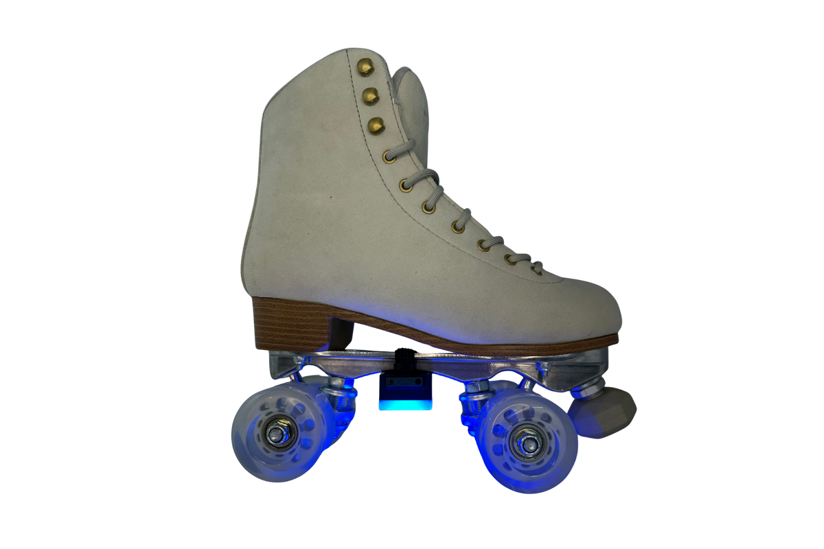 Cream suede roller skate with a blue glowing LED light unit mounted on the truck, side view
