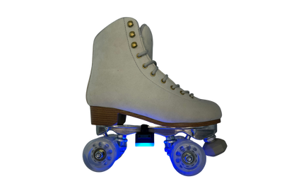 Cream suede roller skate with a blue glowing LED light unit mounted on the truck, side view