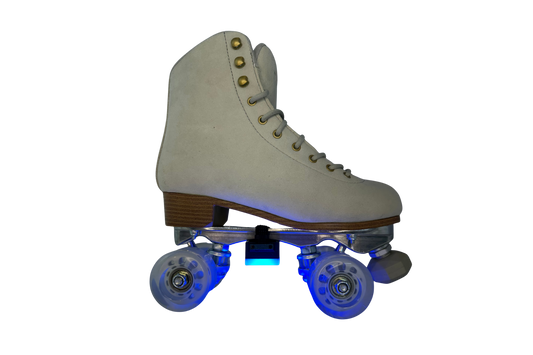 Cream suede roller skate with a blue glowing LED light unit mounted on the truck, side view