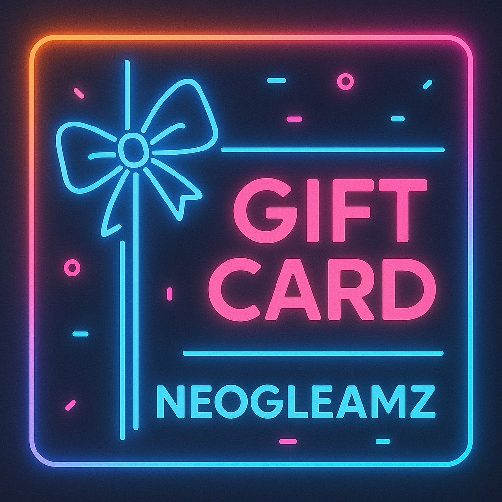 Neon sign with 'Gift Card' and 'Neogleamz' text on a dark background