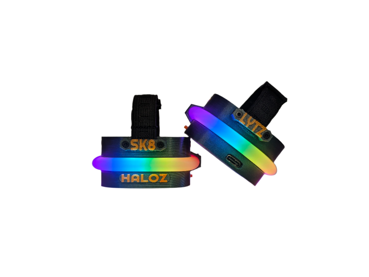 A Pair of neogleamz SK8Lytz HALOZ Rechargeable Roller Skate Lights
