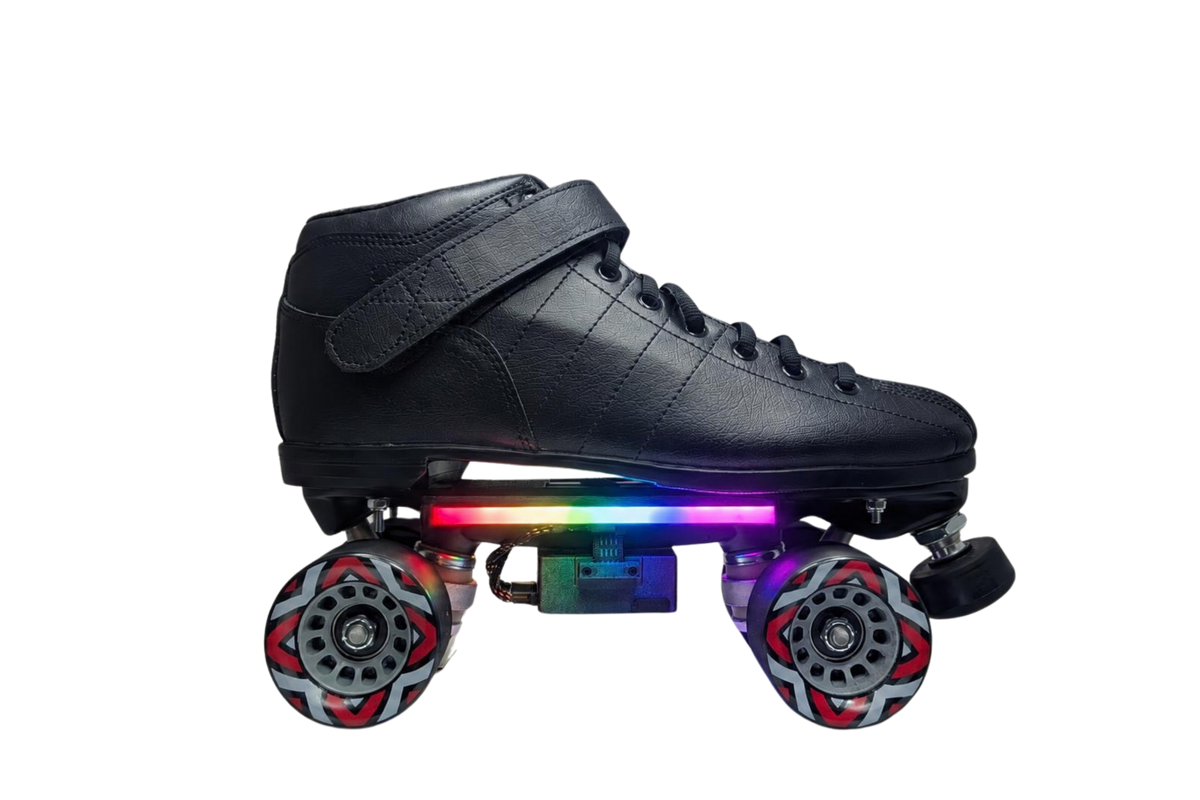 Black roller skate with a rainbow LED light bar and controller box under the boot, side view