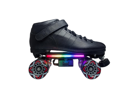 Black roller skate with a rainbow LED light bar and controller box under the boot, side view