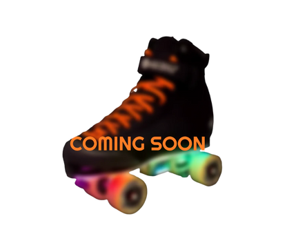 Black roller skate with colorful wheels and 'COMING SOON' text on a white background