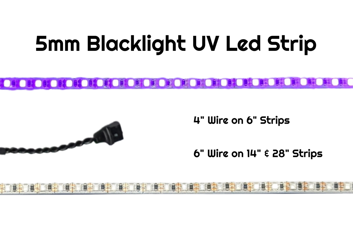 5mm Blacklight UV LED strip glowing purple, with wire lengths noted for 6, 14 and 28 inch strips