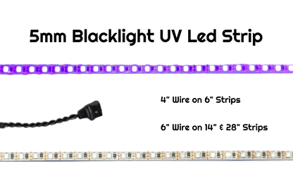 5mm Blacklight UV LED strip glowing purple, with wire lengths noted for 6, 14 and 28 inch strips